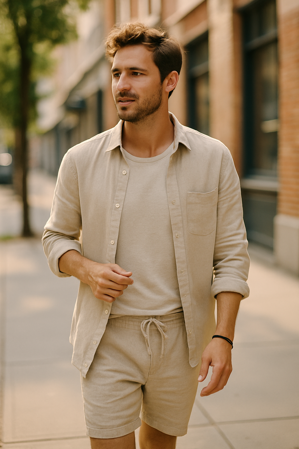 A man walking in a light-colored tank top and shorts, showcasing a casual summer outfit.