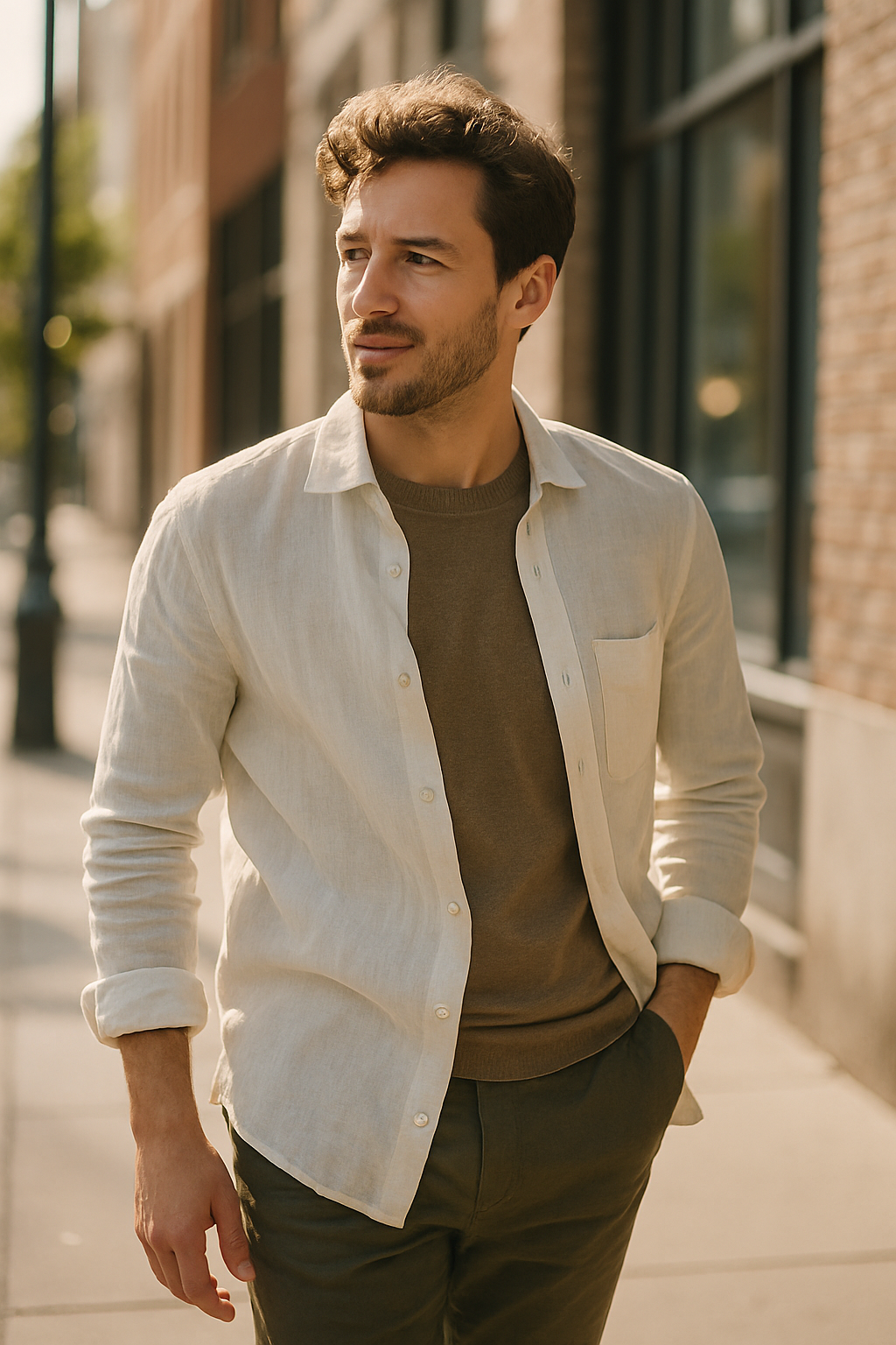A man wearing a light linen shirt, walking in a sunny urban setting.