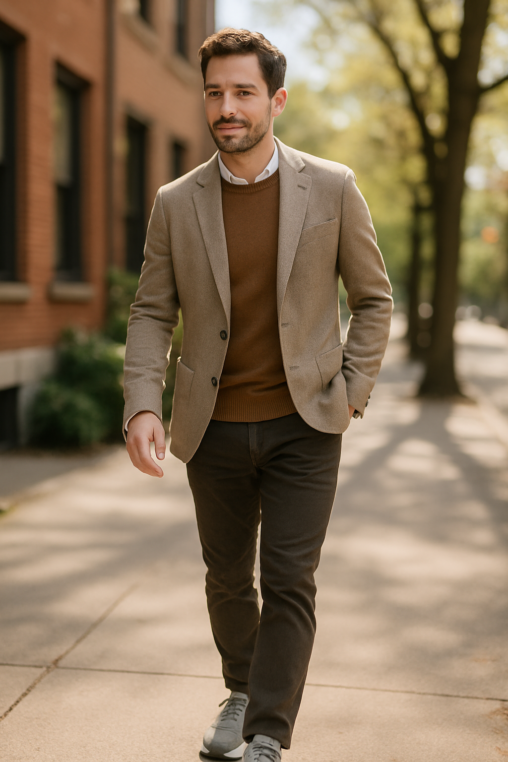 A man walking on a city street wearing a blazer, sweater, and breathable walking shoes.