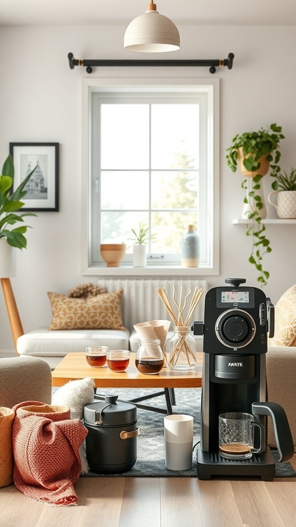 A cozy coffee station in a kitchen with a coffee machine, brewing tools, and freshly brewed coffee.
