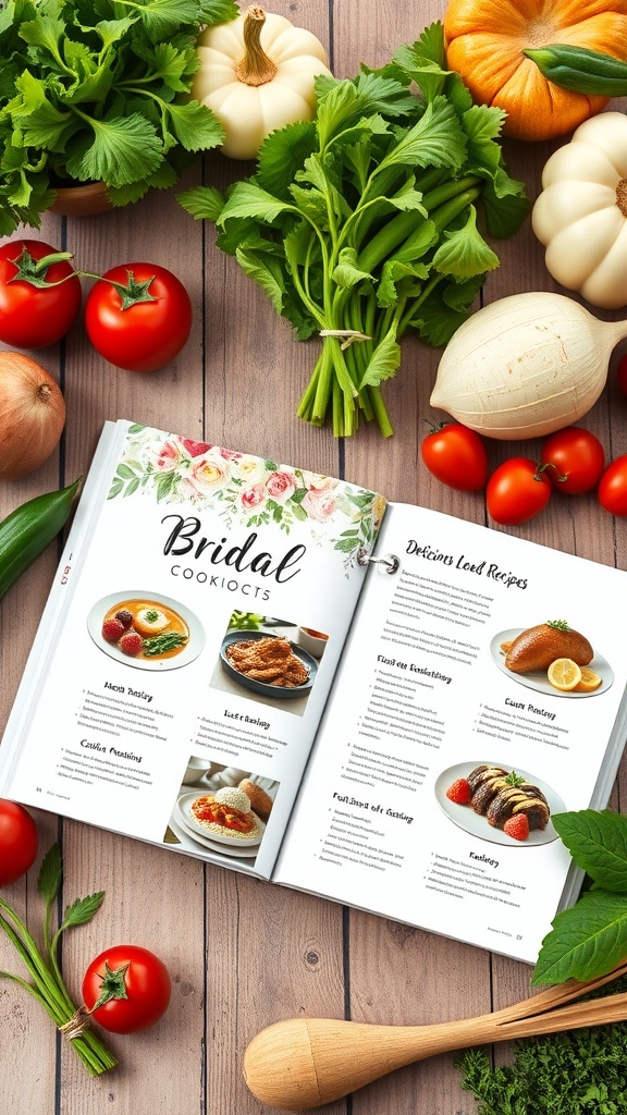 An open bridal-themed cookbook on a wooden table surrounded by fresh vegetables and herbs