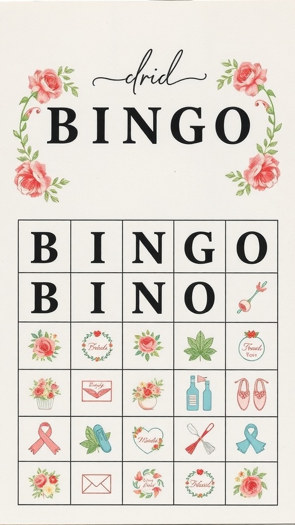 A decorative Bridal Bingo card featuring floral designs and wedding-themed graphics.