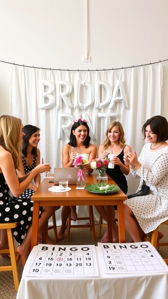 A group of friends playing Bridal Bingo with decorations and drinks.