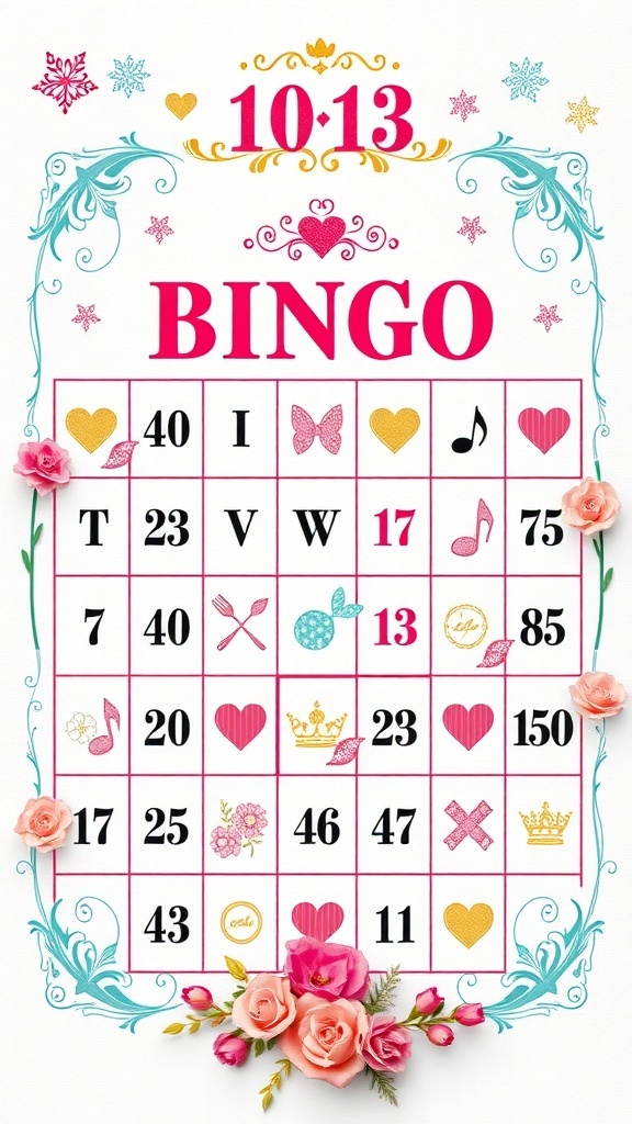 Colorful Bridal Bingo card with hearts and flowers