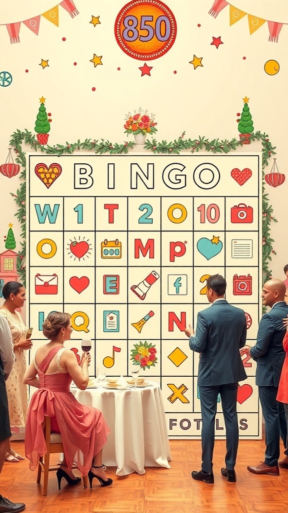 A colorful Bingo board at a bridal shower with guests participating in the game.