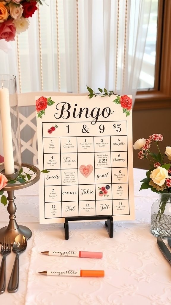 A beautifully decorated bingo card for a bridal shower on a table with candles and flowers.