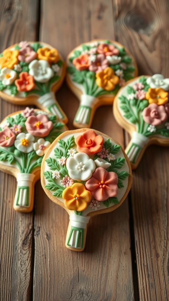 Beautifully decorated bridal bouquet cookies on a wooden surface.