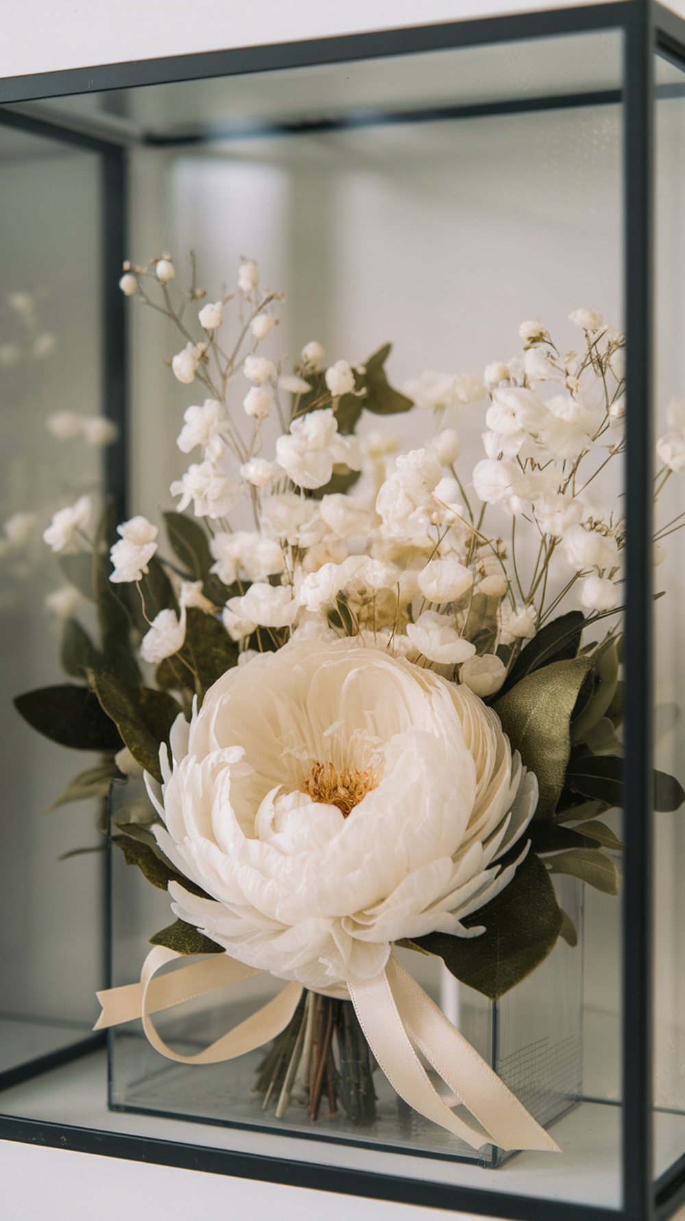 A bridal bouquet displayed in a shadow box, featuring white flowers and greenery.