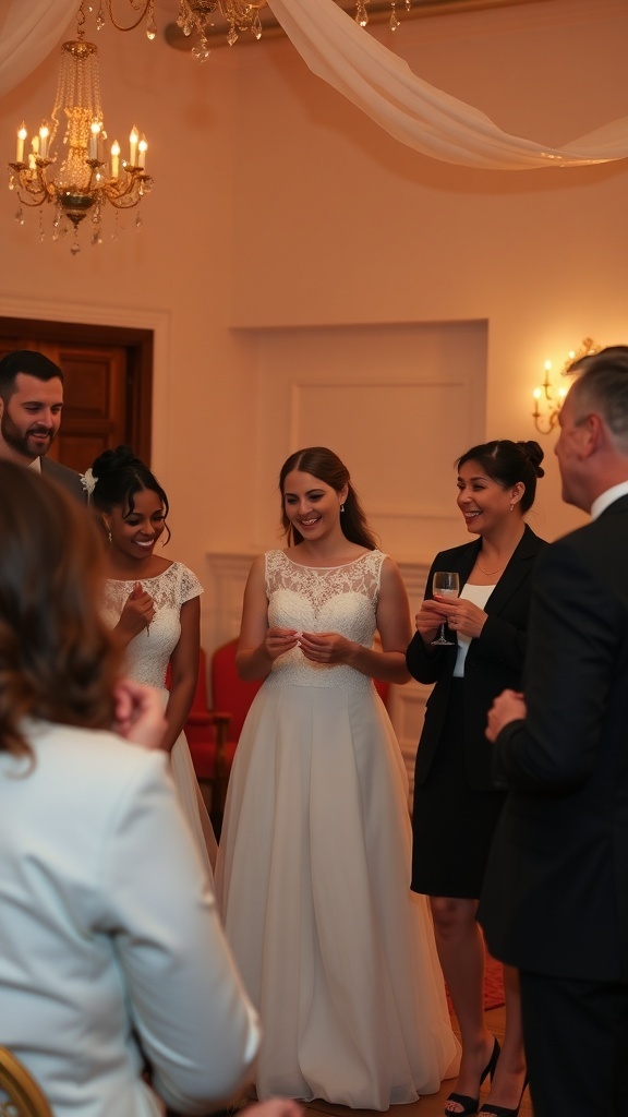 A lively group of guests enjoying a game of Bridal Charades at a bridal shower, with beautiful decor and happy faces