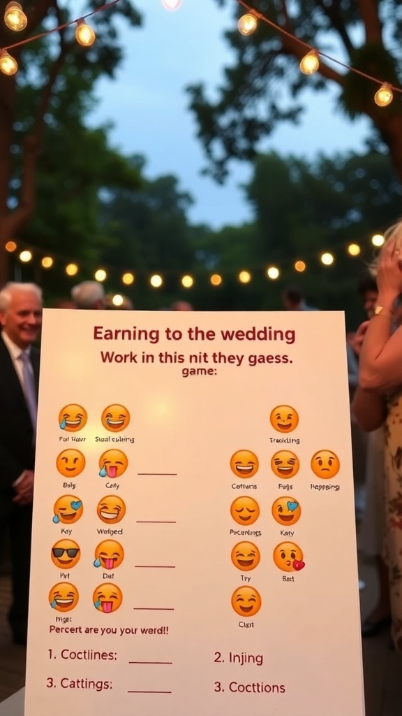 A fun bridal emoji translation game displayed at a bridal shower event.