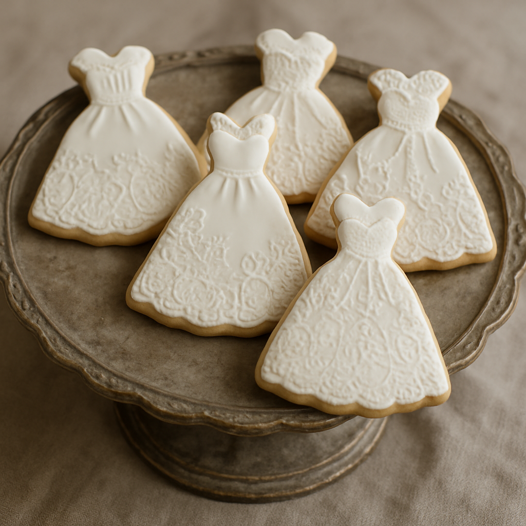 A plate of beautifully decorated bridal gown cookies, showcasing intricate designs and details.