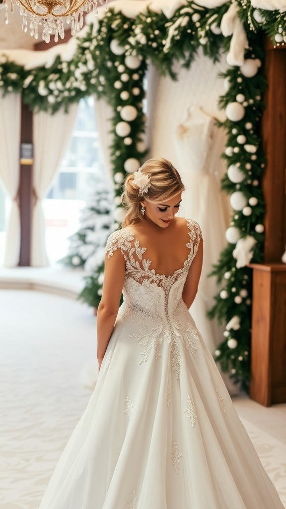Bride in a winter wedding dress with a beautiful hairstyle