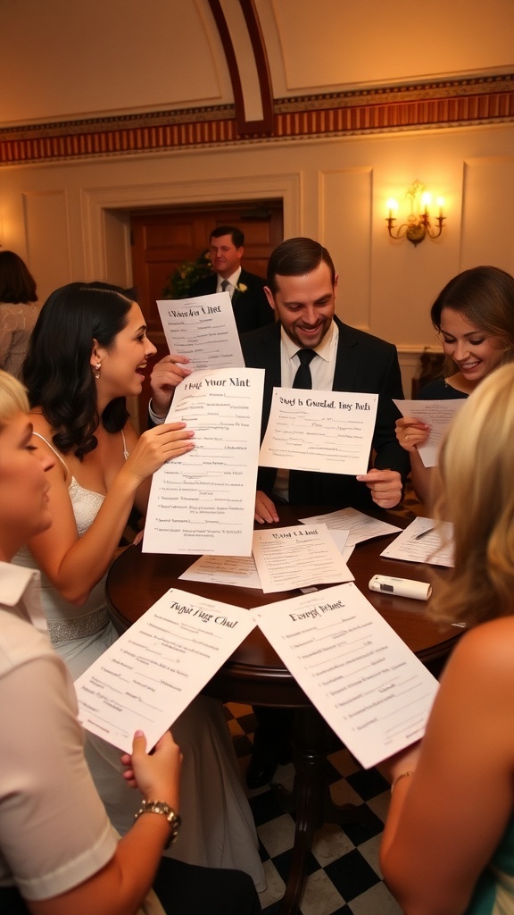 Guests enjoying a game of Bridal Mad Libs at a bridal shower.
