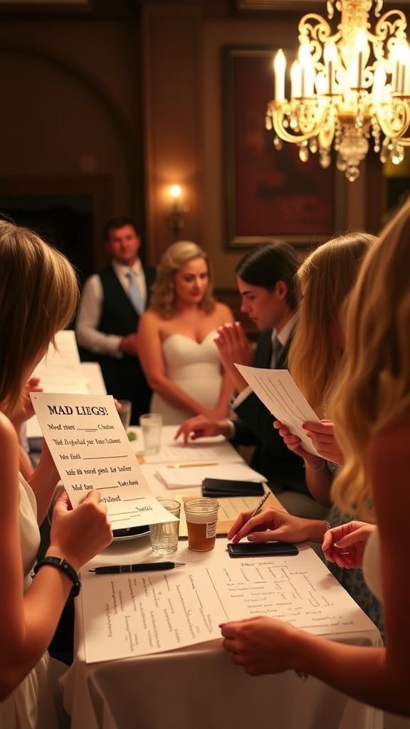 Group of friends playing Bridal Mad Libs at a bridal shower