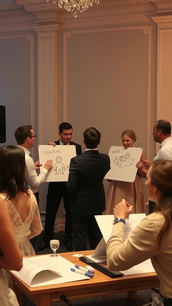 A lively game of Bridal Pictionary with players drawing and guessing wedding-related terms.