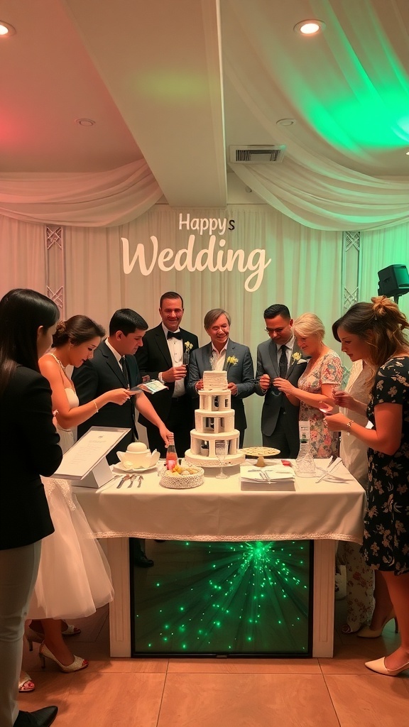 Guests participating in a fun game at a bridal shower with a wedding cake in the center of a decorated table.