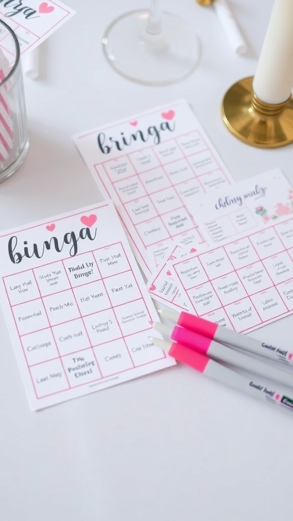 Bridal shower bingo cards with pens on a table