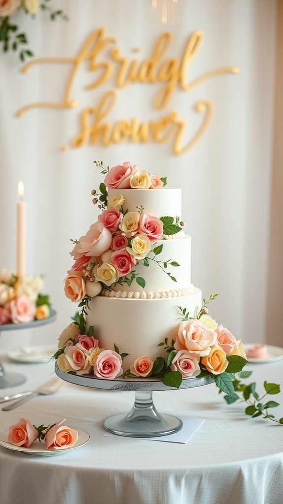 A beautifully decorated three-tier bridal shower cake adorned with pink and peach roses, displayed on a table.