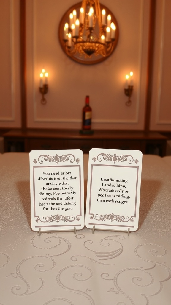 Two charades cards for games at a bridal shower, elegantly designed and placed on a table.