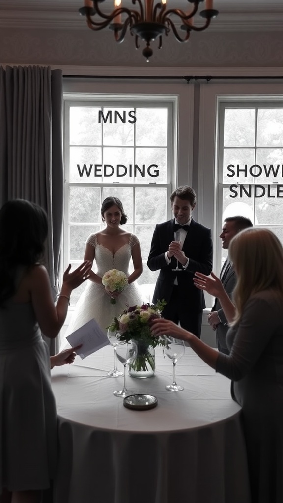 A bride at her bridal shower surrounded by guests, playing charades.