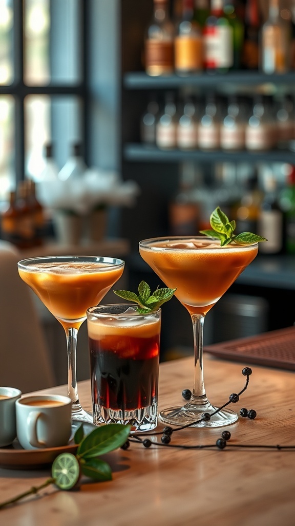 A selection of coffee cocktails including layered drinks and martinis on a wooden table.