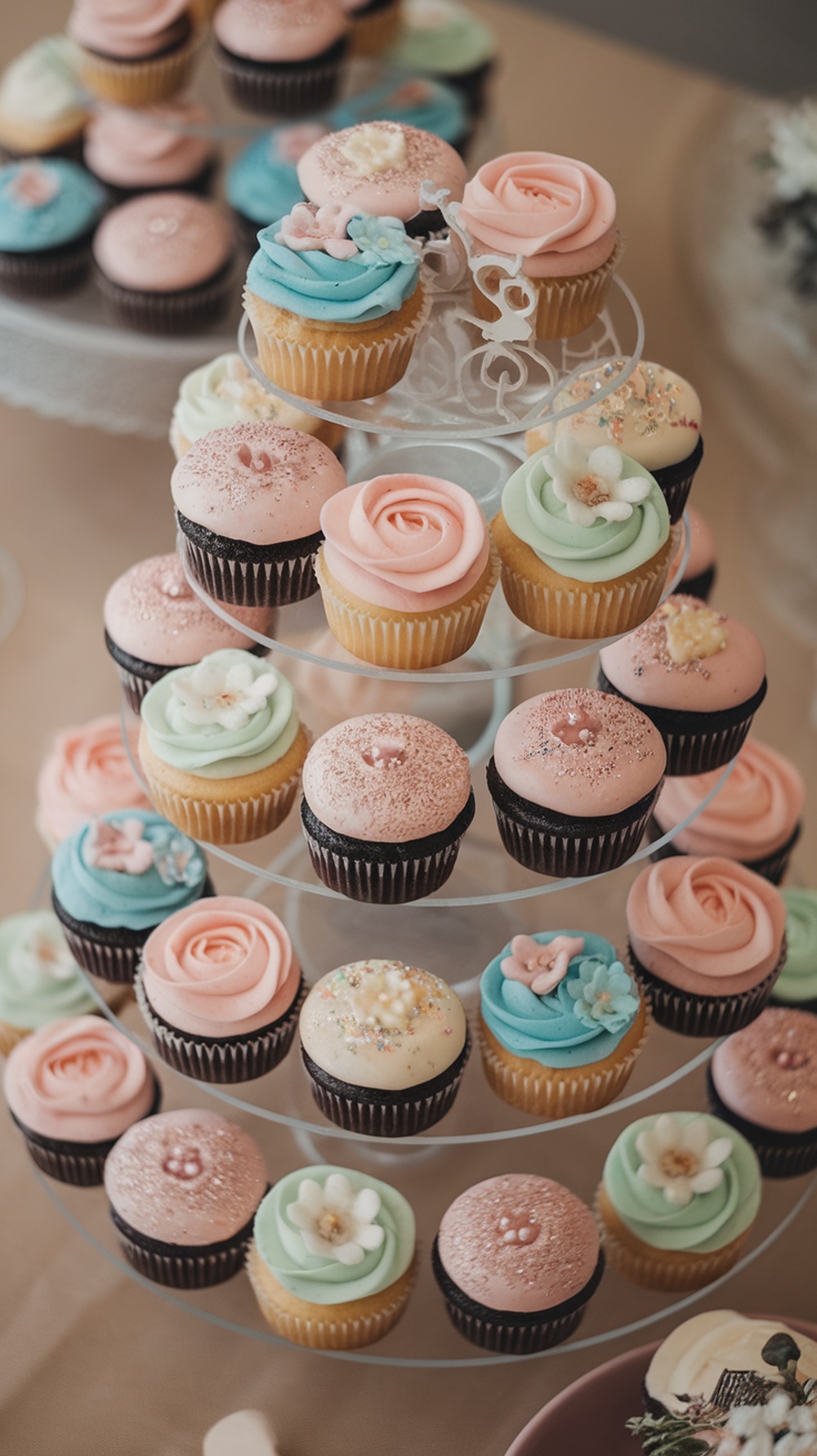 A beautiful cupcake tower with pastel-colored cupcakes, decorated with flowers and frosting.