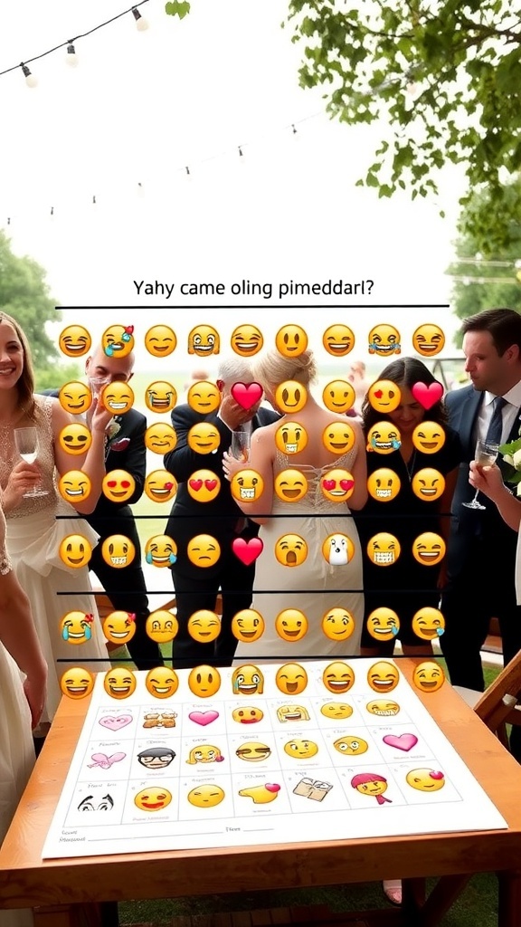 A fun emoji grid game for a bridal shower, featuring various emojis that guests guess to represent wedding-themed words or phrases.