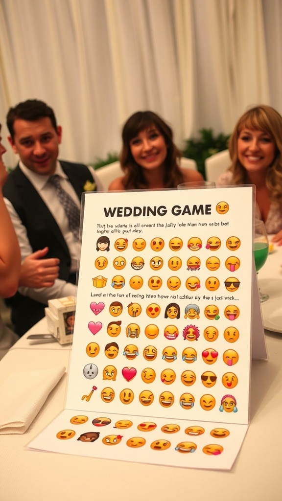 Guests enjoying the Bridal Shower Emoji Game with a display of emojis.