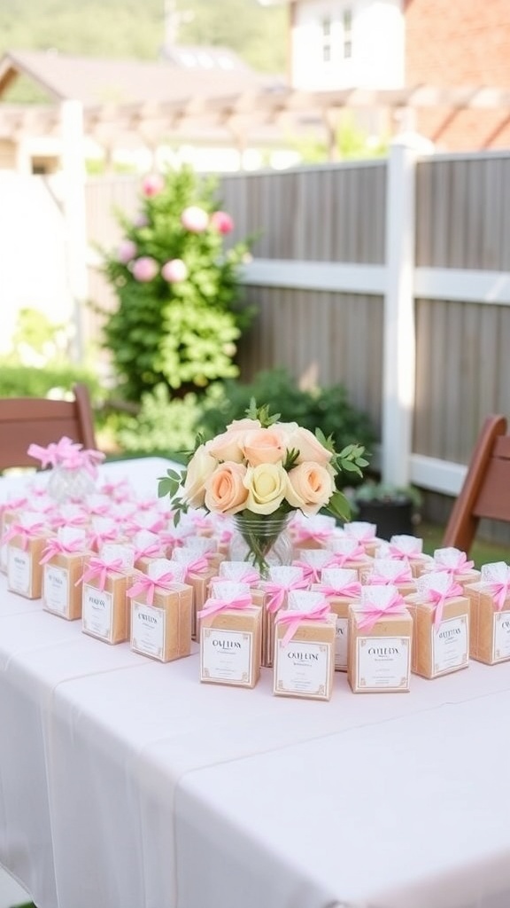 A beautifully arranged bridal shower favors table featuring pastel-colored boxes tied with pink ribbons and a bouquet of roses.