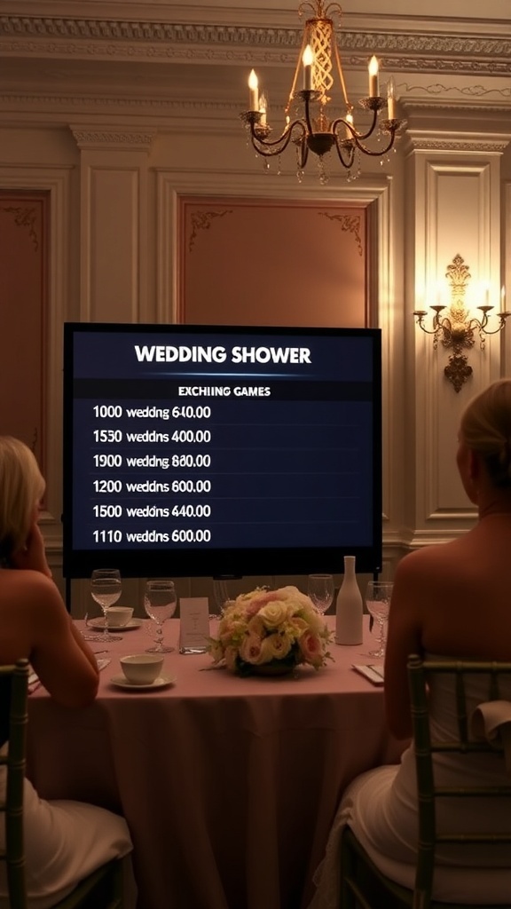 A bridal shower game setup with a screen displaying 'Wedding Shower' trivia categories and two women seated at an elegant table.