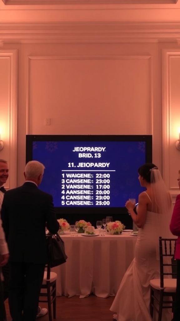 A setup for a Bridal Shower Jeopardy game with a digital scoreboard and guests gathered around.