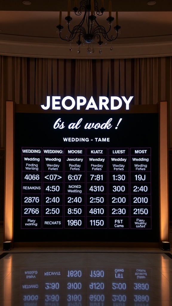 Jeopardy game board for a bridal shower