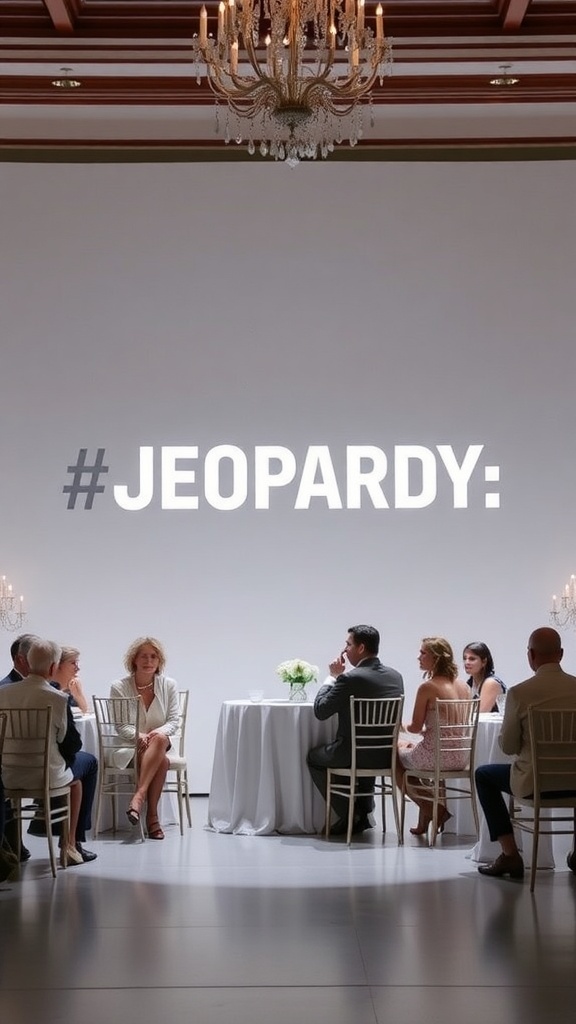 A bridal shower event featuring a Jeopardy game setup with tables and attendees.