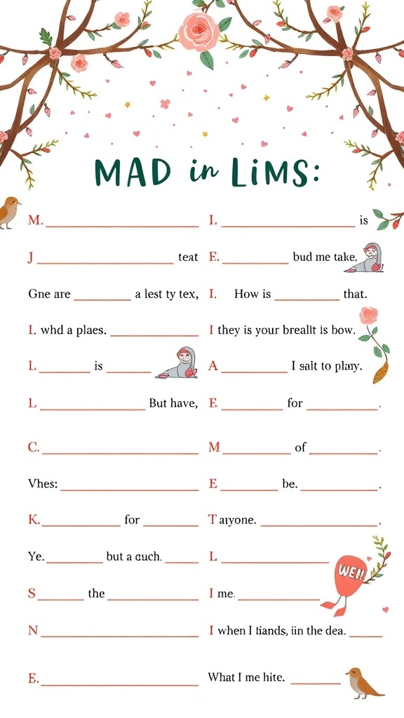 A beautifully designed bridal shower Mad Libs sheet with floral decorations and prompts for guests to fill in.