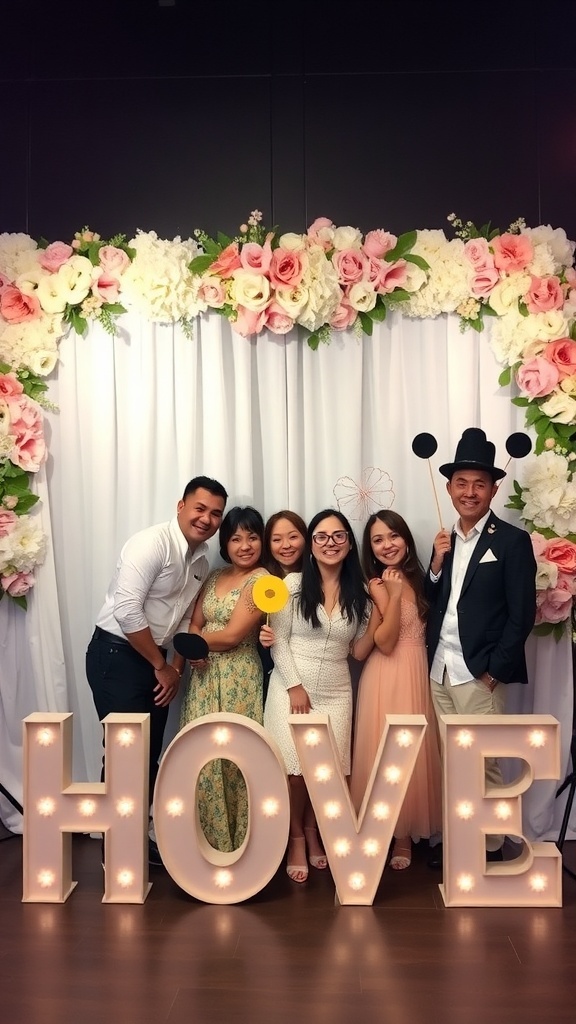 A group of friends posing in front of a floral backdrop at a bridal shower photo booth.
