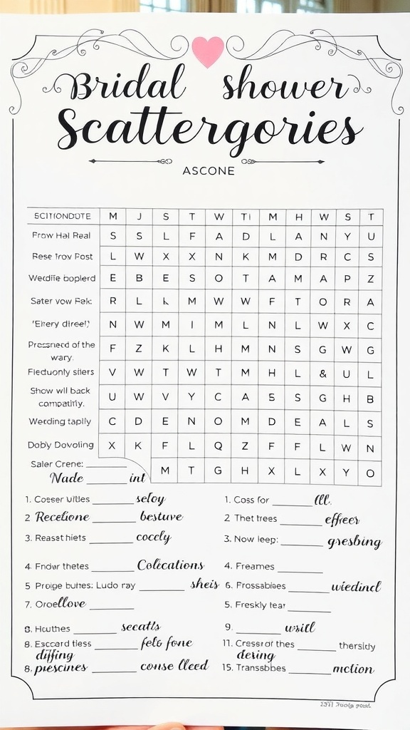 Printable Bridal Shower Scattergories game sheet.