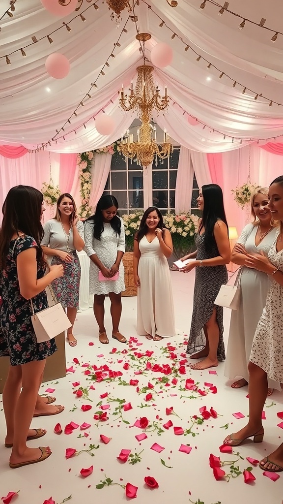 Bridal shower guests enjoying a scavenger hunt among rose petals and elegant decor.