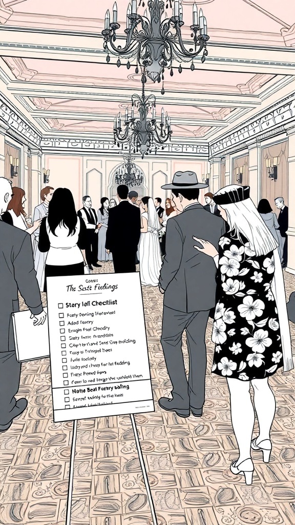A bridal shower scene with guests enjoying a scavenger hunt, featuring a checklist for fun items to find.