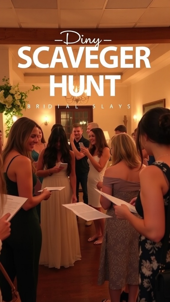 Group of guests participating in a bridal shower scavenger hunt