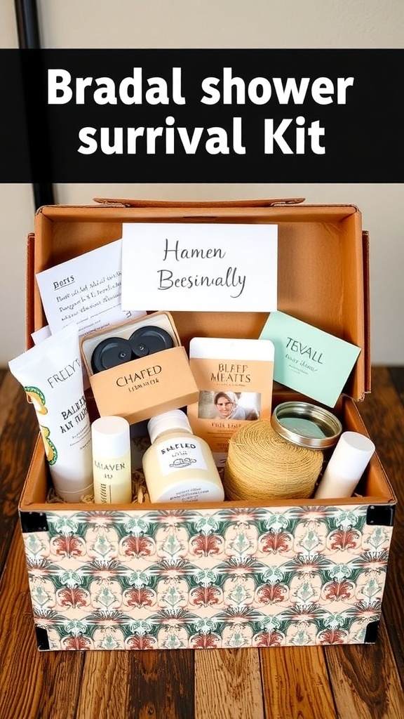 A well-organized bridal shower survival kit with various beauty and comfort items.