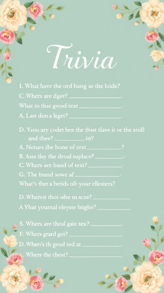 Bridal shower trivia questions printout with floral design and playful text