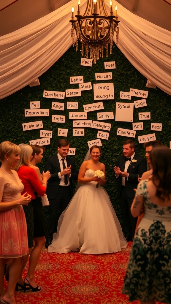 A lively bridal shower trivia game with a bride in a white gown surrounded by guests, engaging in activities.