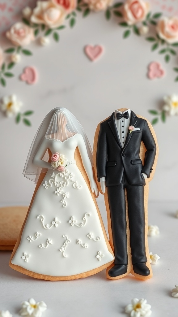 Bridal shower cookies shaped like a bride and groom, featuring detailed icing decorations.