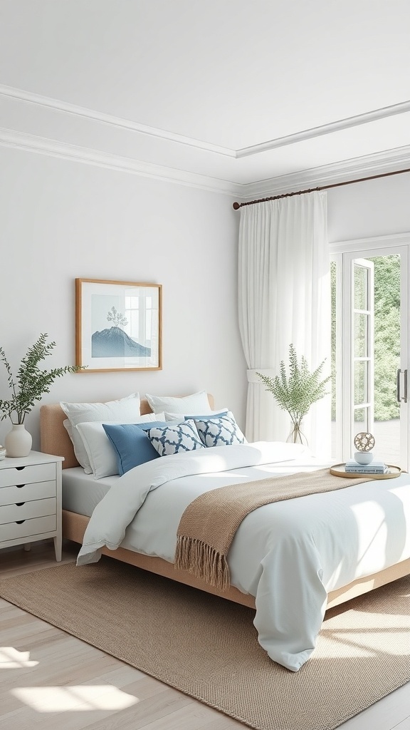 Bright and airy blue and white bedroom with large windows and plants