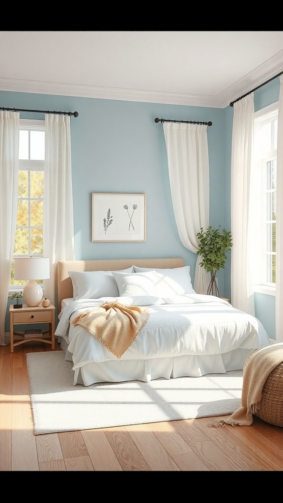 Bright blue bedroom with white bedding and natural light