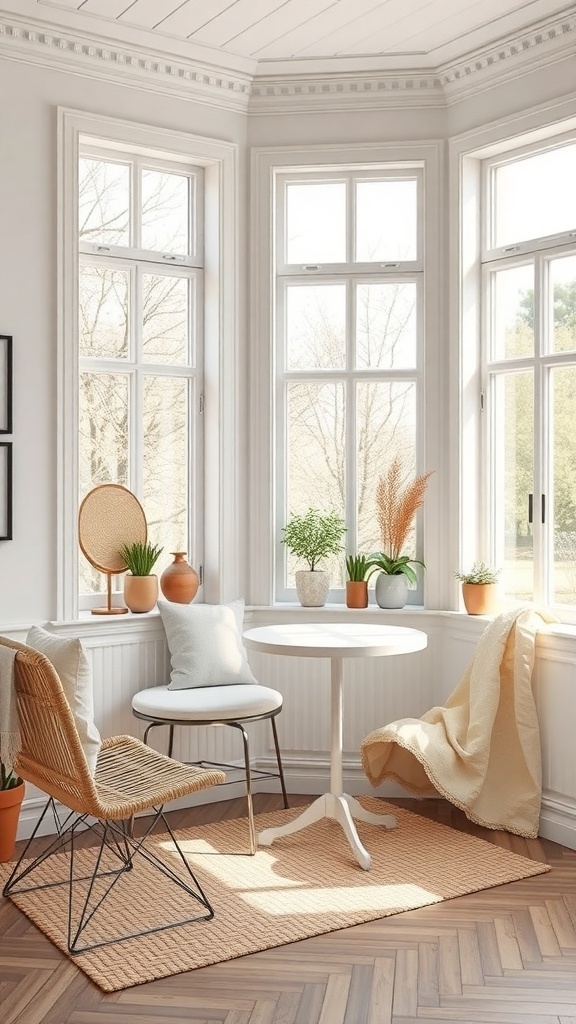 Bright and airy breakfast corner with large windows, a round table, and plants.