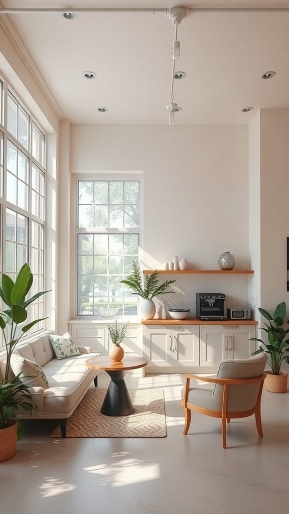 Bright and airy coffee space with large windows, cozy seating, and plants.