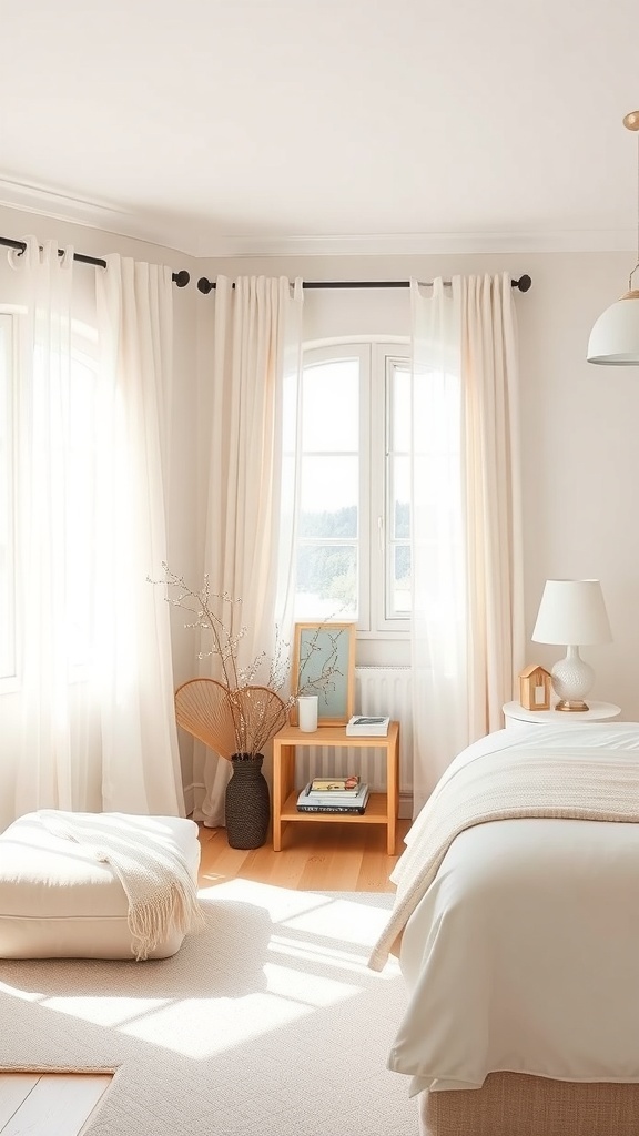 Bright and airy window treatments in a shabby chic romantic bedroom