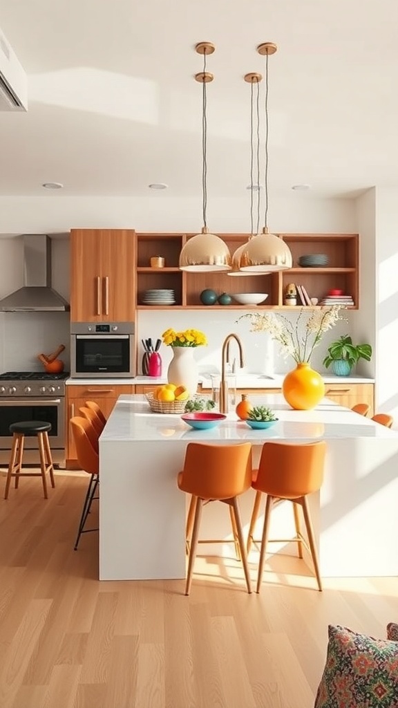 A modern kitchen island with bright orange bar stools and colorful accessories.