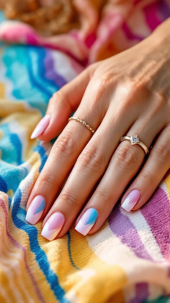 A close-up of a hand with stylish summer nails featuring pink, blue, and white colors, resting on a colorful striped fabric.